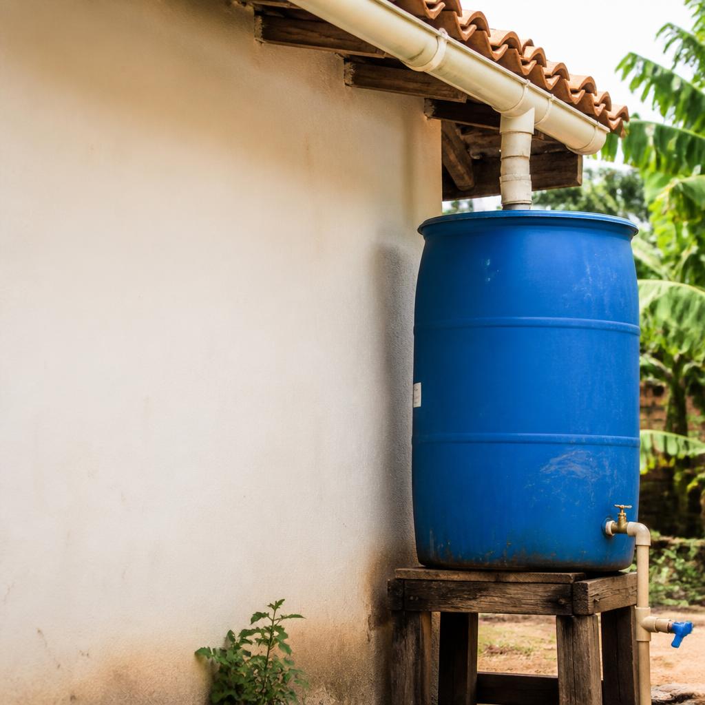 Sistema doméstico de captação de água da chuva com tambor azul e tubos de PVC