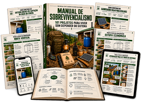 Mockup do Manual de Sobrevivencialismo com a capa, páginas internas e versões no celular e tablet